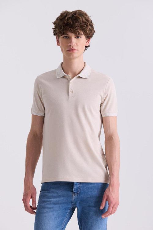 Bej Slim Fit Baskılı Polo Yaka T-Shirt