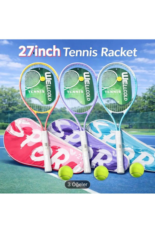 Yüksek Kalite Düşük Sarsılma Pro Tenis Raketi 27 İnch L1 + Taşıma Çantası 1 Adet Top