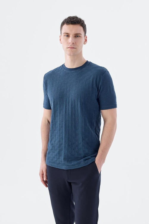 Lacivert Slim Fit Triko Bisiklet Yaka T-Shirt