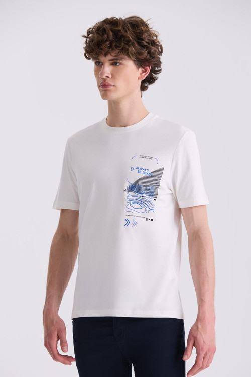 Ekru Slim Fit Bisiklet Yaka T-Shirt