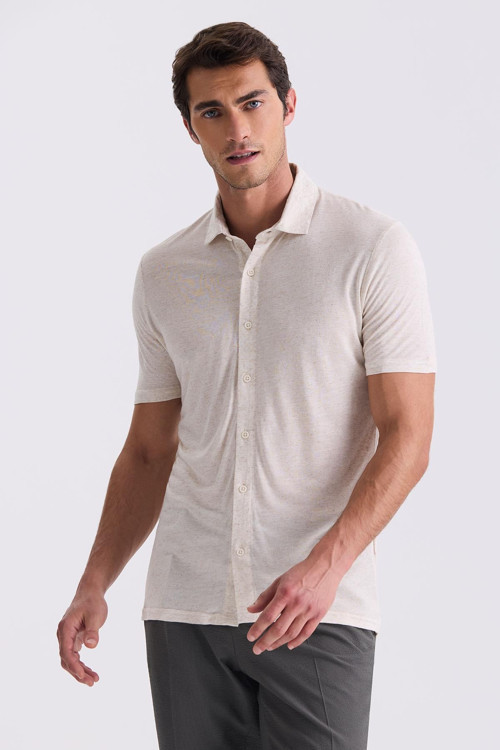 Bej Slim Fit Gömlek Yaka T-Shirt
