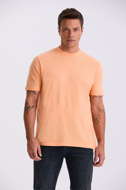 Turuncu %100 Pamuk Desenli Bisiklet Yaka T-Shirt