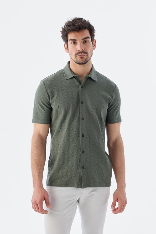 Haki Slim Fit Gömlek Yaka T-Shirt