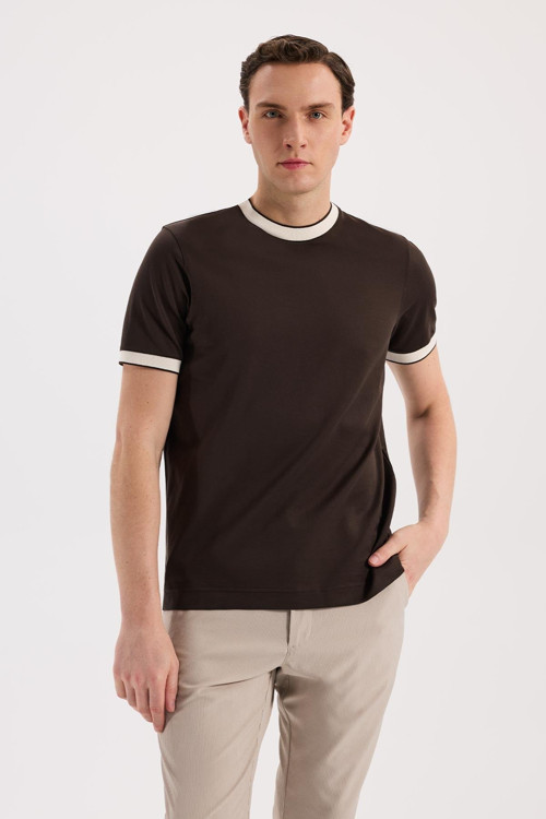 Kahve Slim Fit Bisiklet Yaka %100 Pamuk T-Shirt