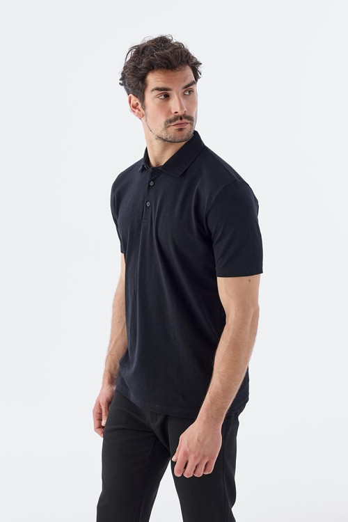 Siyah Düğme Detaylı Slim Fit Polo Yaka T-Shirt
