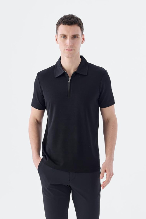 Siyah Slim Fit Apaş Yaka T-Shirt