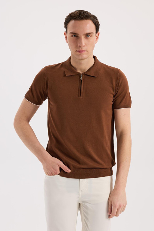 Kiremit Slim Fit Triko Fermualı Polo Yaka T-Shirt