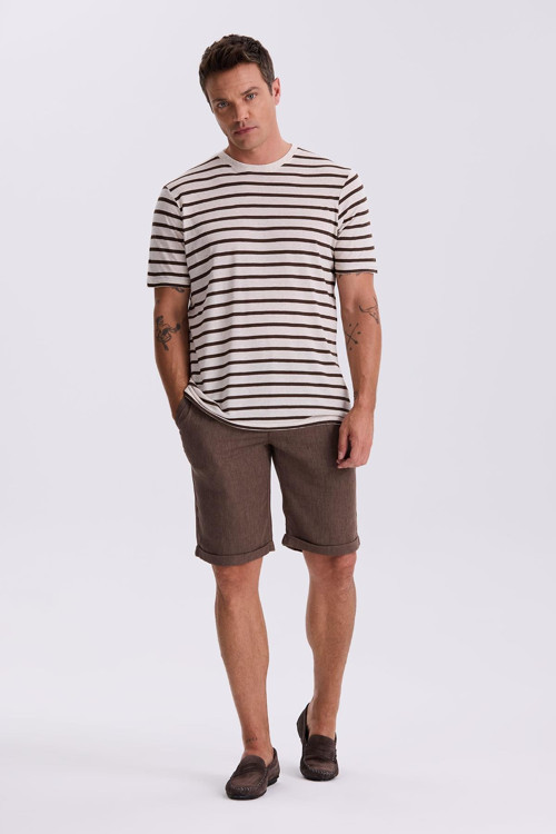 Bej Çizgili Slim Fit Bisiklet Yaka T-Shirt