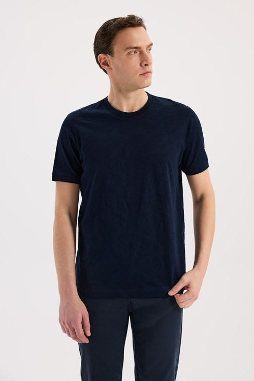 Lacivert Slim Fit Bisiklet Yaka Desenli %100 Pamuk T-Shirt