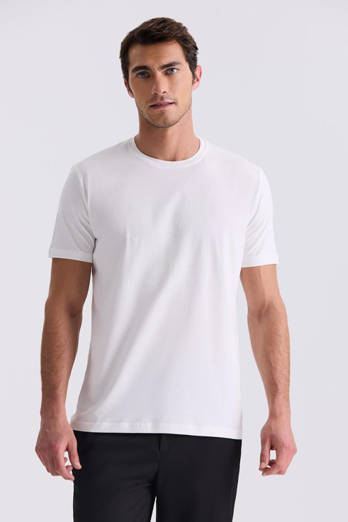 Ekru Slim Fit Bisiklet Yaka T-Shirt