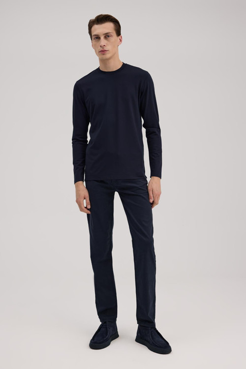 Lacivert Slim Fit Bisiklet Yaka Rayon Uzun Kollu Basic T-Shirt