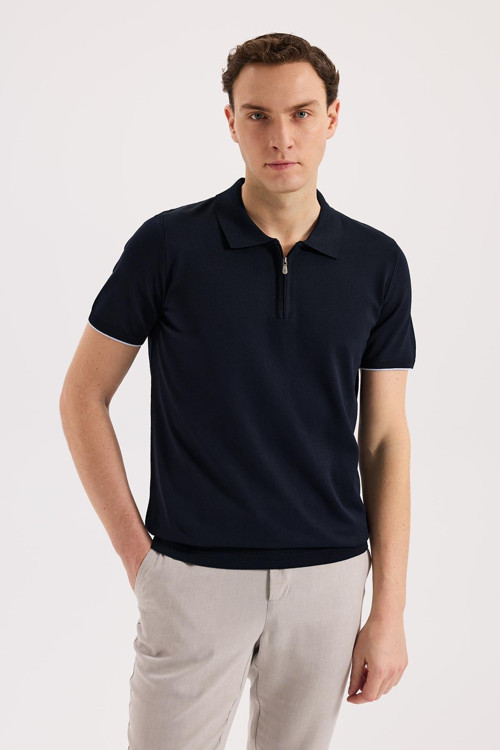 Lacivert Slim Fit Triko Fermualı Polo Yaka T-Shirt