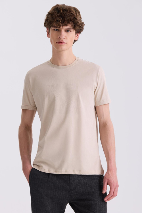 Bej Slim Fit Bisiklet Yaka T-Shirt