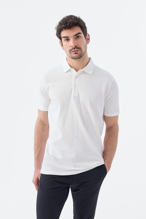 Beyaz Düğme Detaylı Slim Fit Polo Yaka T-Shirt