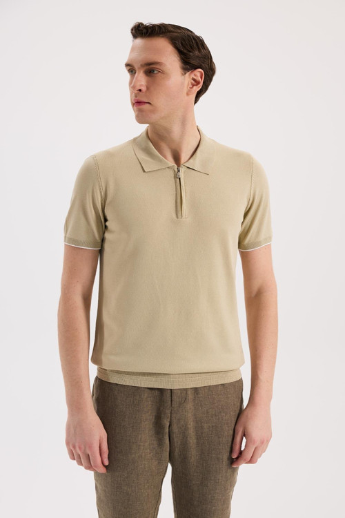 Bej Slim Fit Triko Fermualı Polo Yaka T-Shirt