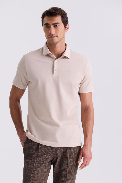 Bej Slim Fit %100 Pamuk Merserize Polo Yaka T-shirt