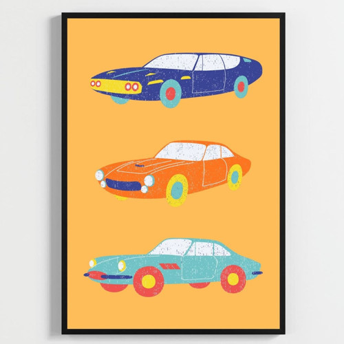 Tam Gaz Macera:Renkli Arabalar, Uçak ve Vespa Çocuk Odası Posteri–Dekoratif 3lü Set A2 Çerçevesiz