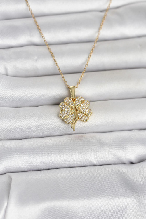 316L Çelik Gold Renk Açılabilir Yonca Model Zirkon Taşlı Kadın Kolye