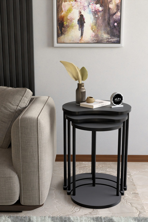 Modern Elma 3’lü Zigon Sehpa Metal Ayaklı İç İçe Geçmeli Orta Sehpa Takımı