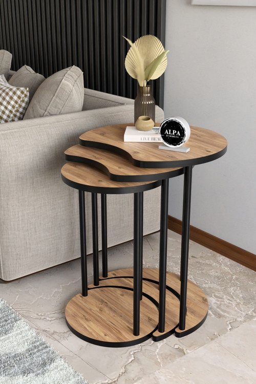 Modern Elma 3’lü Zigon Sehpa Metal Ayaklı İç İçe Geçmeli Orta Sehpa Takımı