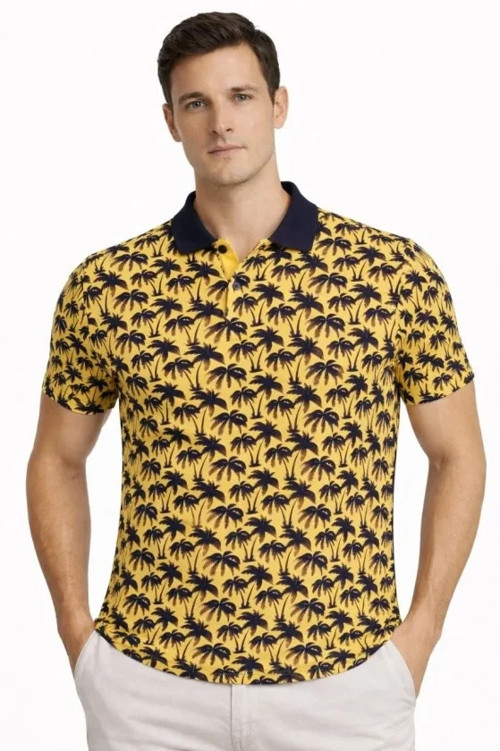 Erkek Pike Kumaş Polo Yaka Palmiye Desenli Tişört Kısa Kol Yazlık T-Shirt - Sarı