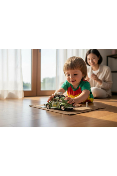 Klasik Işıklı Sesli Metal Araba - Yeşil Valizli Retro Beetle