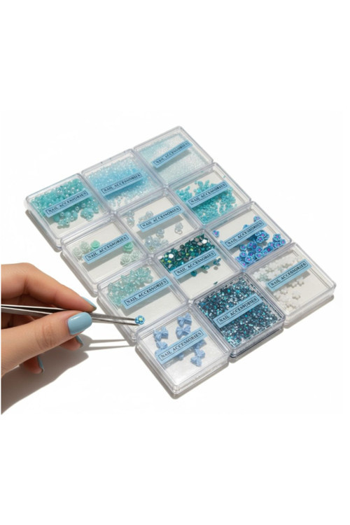 Mavi Nail Art Tırnak Süsleme Seti 12 Bölmeli | Boncuk, Çiçek, Kurdele, Pul Ve Parıltı