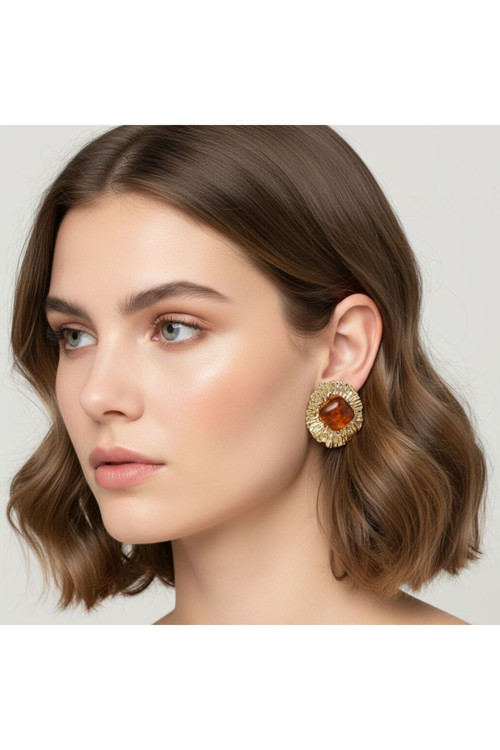 Kadın Kahve Taşlı Gold Detaylı Çelik 14 K Küpe 30 Mm