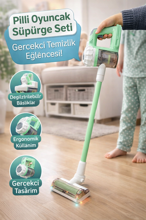 Pilli Oyuncak Süpürge Seti Gerçekçi Tasarımlı Çocuk Evcilik Oyuncağı