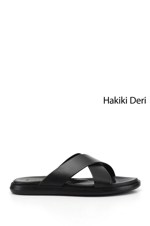Erkek Siyah Çapraz Bantlı Hakiki Deri Terlik