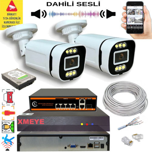 2 li Yapay Zeka Destekli 5 MP Görüntü POE Bağlantılı Sesli 6 Warm Led Gece Renkli IP Kamera Seti 4386WS