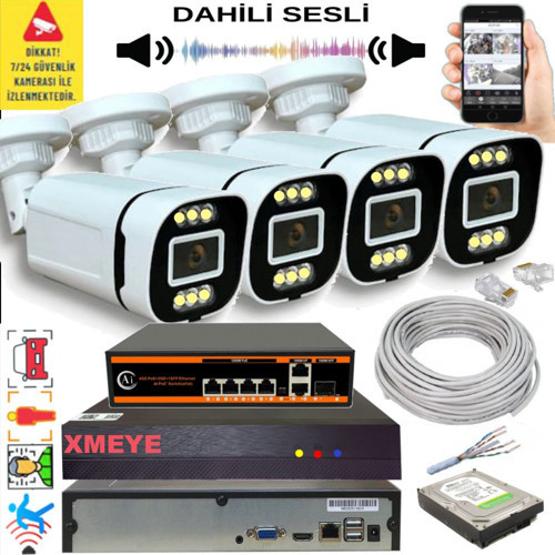 4 lü Yapay Zeka Destekli 5 MP Görüntü POE Bağlantılı Sesli 6 Warm Led Gece Renkli IP Kamera Seti 4386WS
