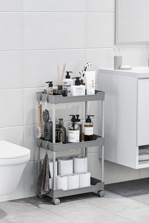 Gri 3 Katlı Tekerlekli Düzenleyici Mutfak ve Banyo Rafı Vesken