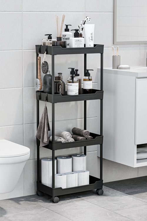 Siyah 4 Katlı Tekerlekli Düzenleyici Mutfak ve Banyo Rafı Vesken