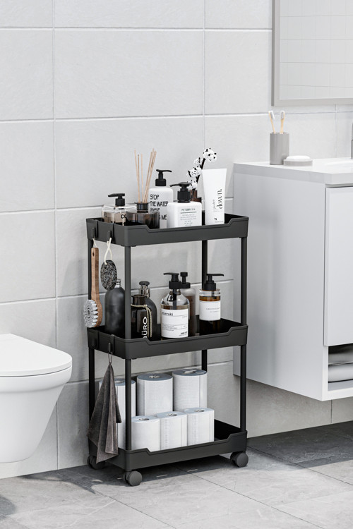 Siyah 3 Katlı Tekerlekli Düzenleyici Mutfak ve Banyo Rafı Vesken