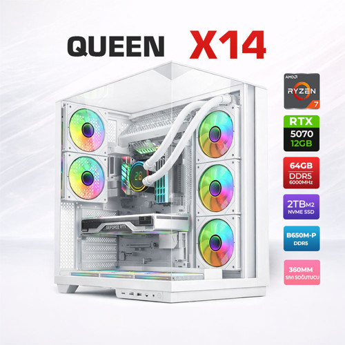 Queen X14 Ryzen 7 7800X3D 64GB DDR5 Ram 2TB M.2 NVMe SSD 12GB RTX5070 Sıvı Soğutmalı Oyuncu Bilgisayarı