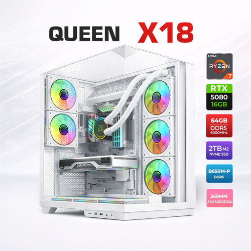 Queen X18 Ryzen 7 9800X3D 64GB DDR5 Ram 2TB M.2 NVMe SSD 16GB RTX5080 Sıvı Soğutmalı Oyuncu Bilgisayarı