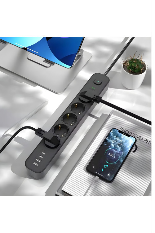 2 MT Uzatma Kablosu Çoklu Priz Yüksek Gerilim Korumalı 5'Lİ Priz 2X USB 2X Type-C Çıkışlı Priz