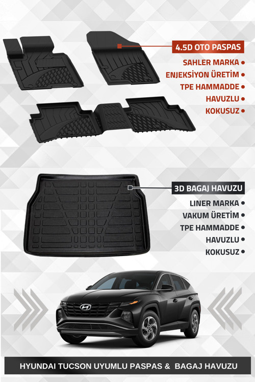 Hyundai Tucson 2021+ Uyumlu 4.5D Premium Havuzlu Paspas ve Liner Marka 3D Bagaj Havuzu