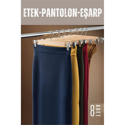 ieg™ HSNET Etek Pantolon Eşarp Kıskaçlı Askı 8 Adet Ahşap