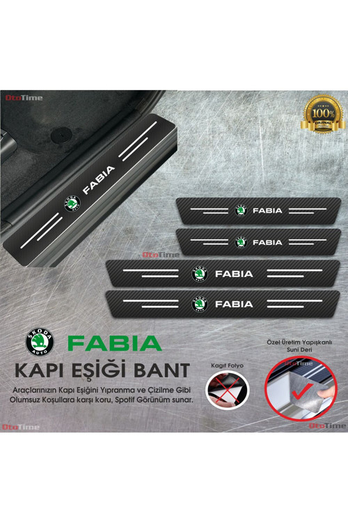 Skoda Fabia Logolu Karbon Kapı Eşiği Koruyucu Suni Deri 4'lü Set