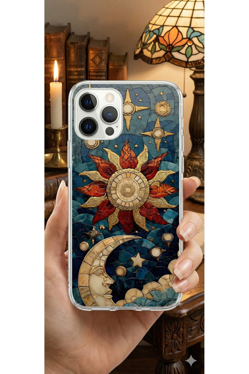 iPhone 11 Pro ile Uyumlu Vitray Sol ve Luna Tasarımlı Şeffaf Silikon Kılıf