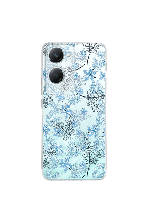 Vivo Y18 İle Uyumlu Floral Mavi Baskılı Kamera Korumalı Şeffaf Kılıf
