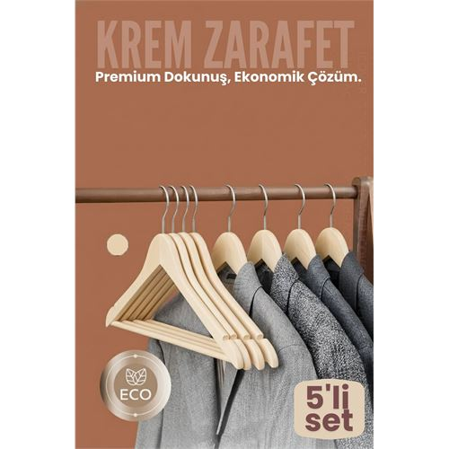 5'li Lüks Krem Elbise Ceket Askısı - Ergonomik & Kaymaz Plastik Askı Seti - Ahşap Görünüml�