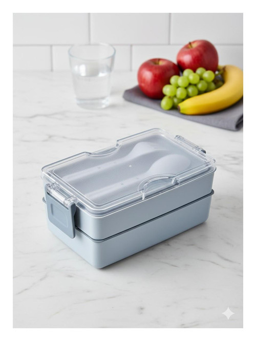 600 ML Lunch Box 2 Katlı Yemek Kutusu Çatal Kaşıklı Gri Beslenme Kutusu BPA İÇERMEZ