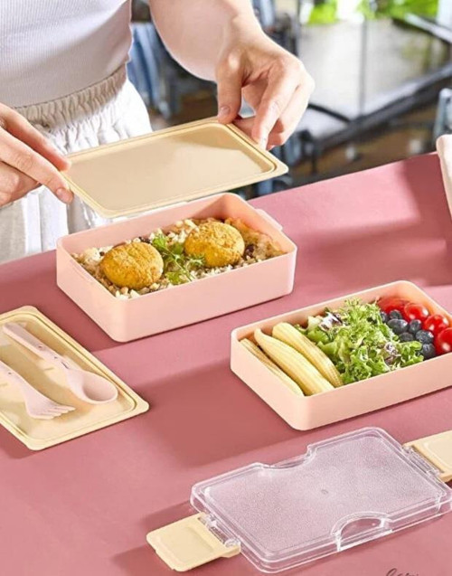 600 ML Lunch Box 2 Katlı Yemek Kutusu Çatal Kaşıklı Pembe Beslenme Kutusu BPA İÇERMEZ