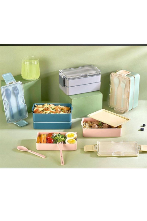 600 ML Lunch Box 2 Katlı Yemek Kutusu Çatal Kaşıklı Yeşil Beslenme Kutusu BPA İÇERMEZ