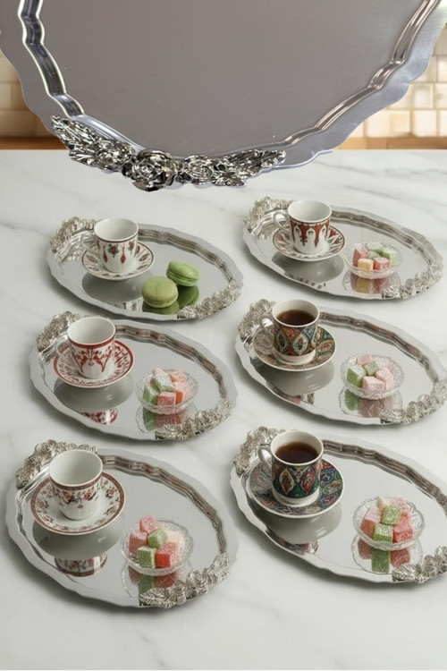6 Adet Komple Gümüş Oval Model Gül Motifli Kahve-Çay Sunum Tepsisi 25 cm x 20 cm