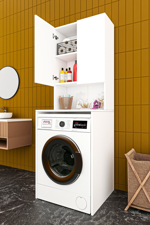 Lüks 2 Kapaklı Çamaşır Makinesi Dolabı %100 MDF 2 Kapaklı Çok Amaçlı Banyo Dolabı BD01
