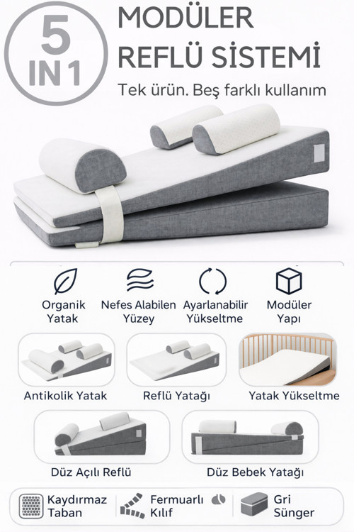 5 in 1 Modüler Bebek Reflü Yatağı – Antikolik - Düz Yatış - 30° Açılı Reflü Yatağı